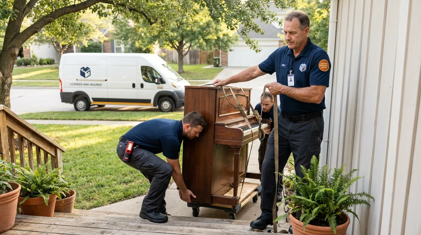 Licensed piano movers securing grand piano in Greenville, RI