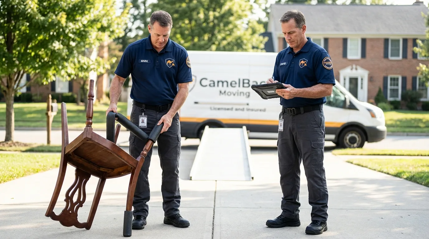 Movers inspecting furniture for damage prevention before loading in Greenville, RI