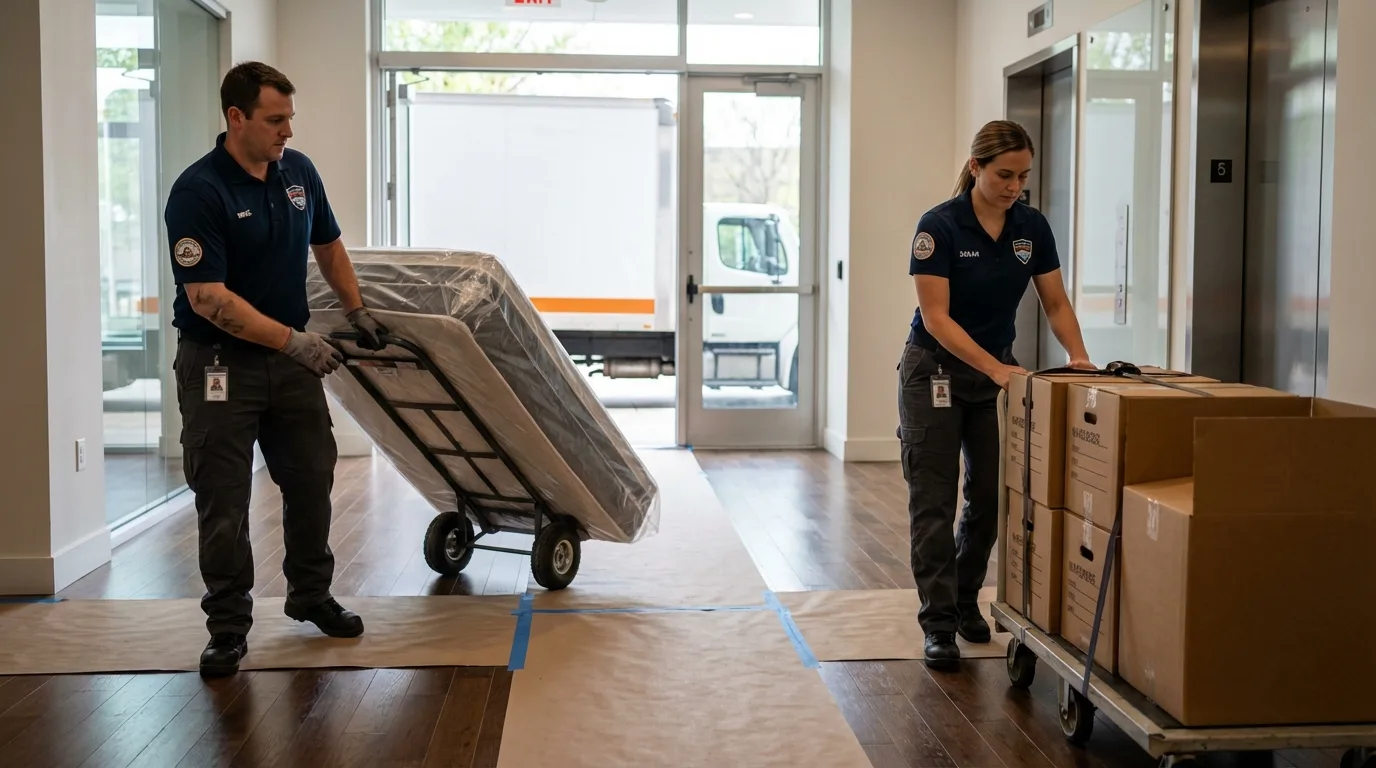 Professional apartment movers loading elevator in Greenville, RI
