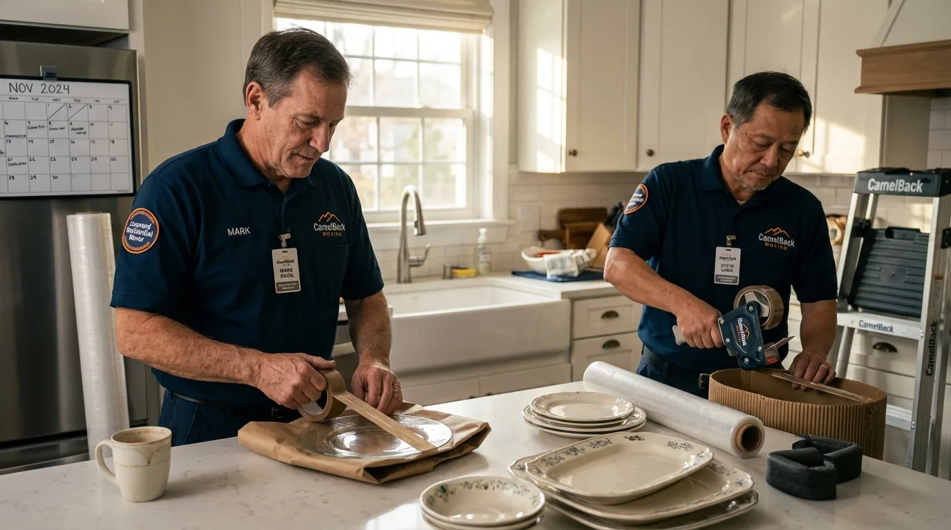 Professional crew packing kitchen dishware in Greenville, RI